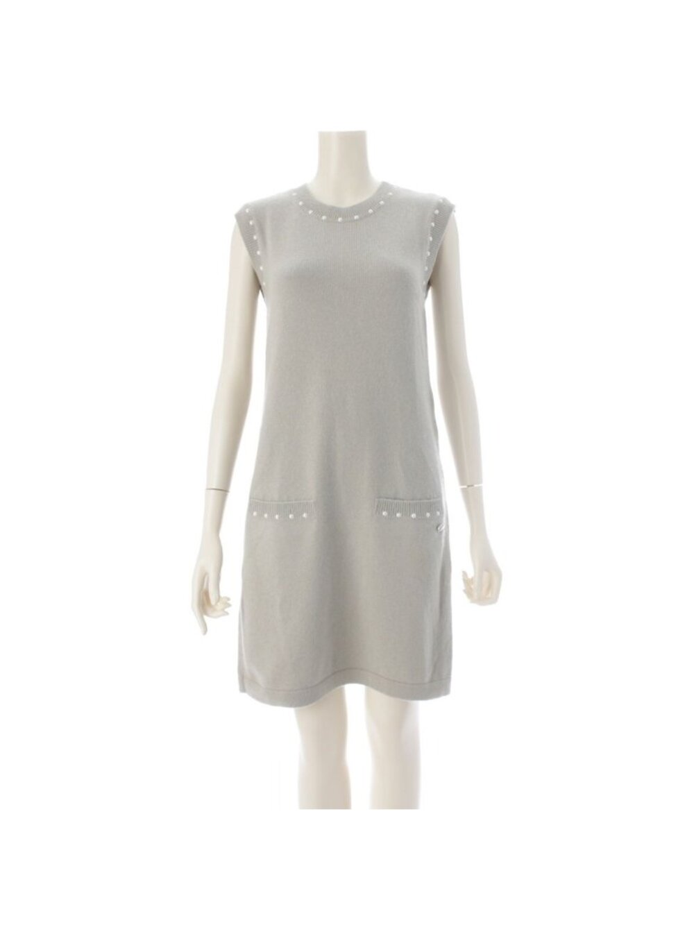 Chanel Cotton Cashmere Sleeveless Faux Pearl CC Logo Knit Midi Dress Pale Green